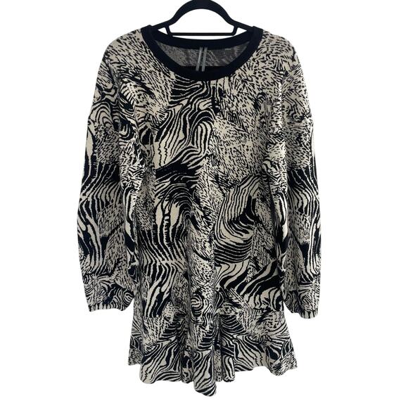 Anthropologie Slim Ruffle Knit Mini Sweater Dress Black Beige Animal Print Large - Picture 2 of 7